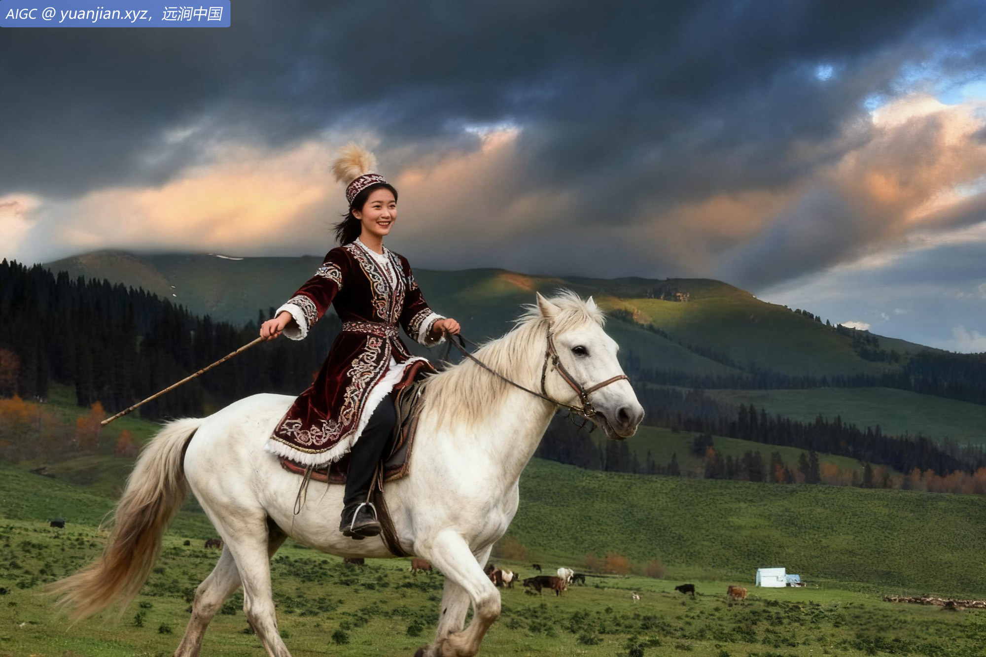 古丽扎娜骑在白马上，笑容明媚如阳，她是草原的女儿