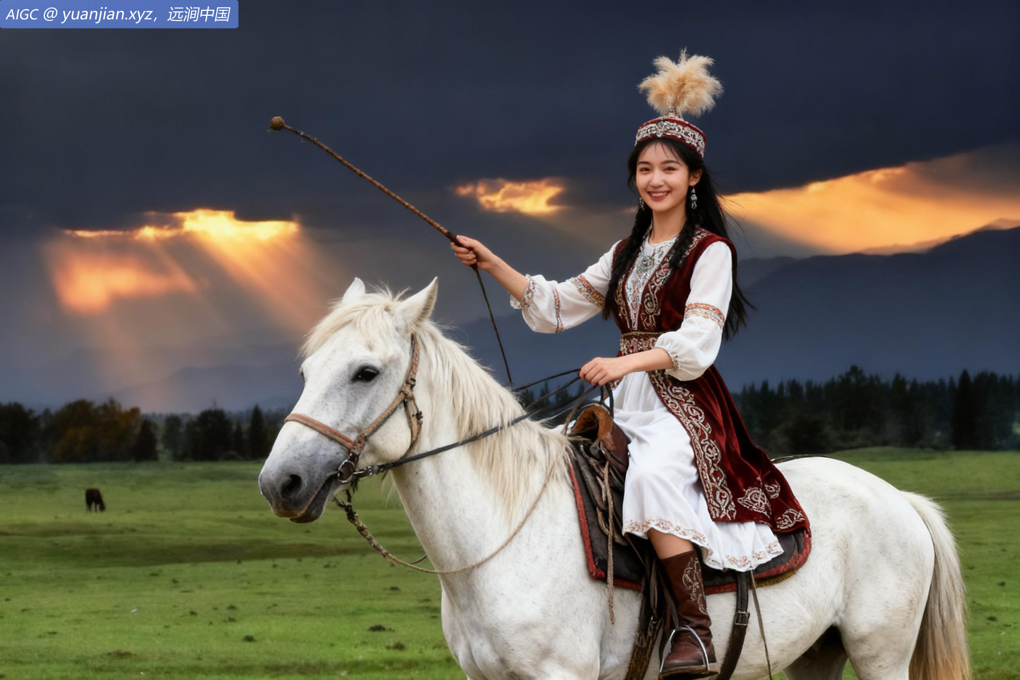 古丽扎娜骑在白马上，笑容明媚如阳，她是草原的女儿