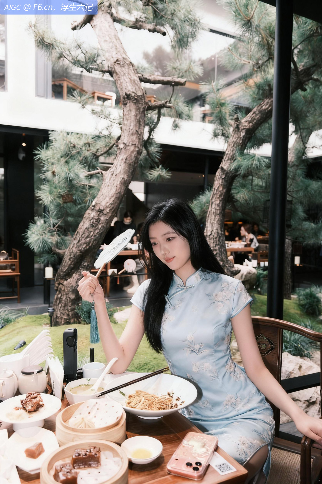 拙政园茶餐厅，苏晚一袭淡蓝花旗袍