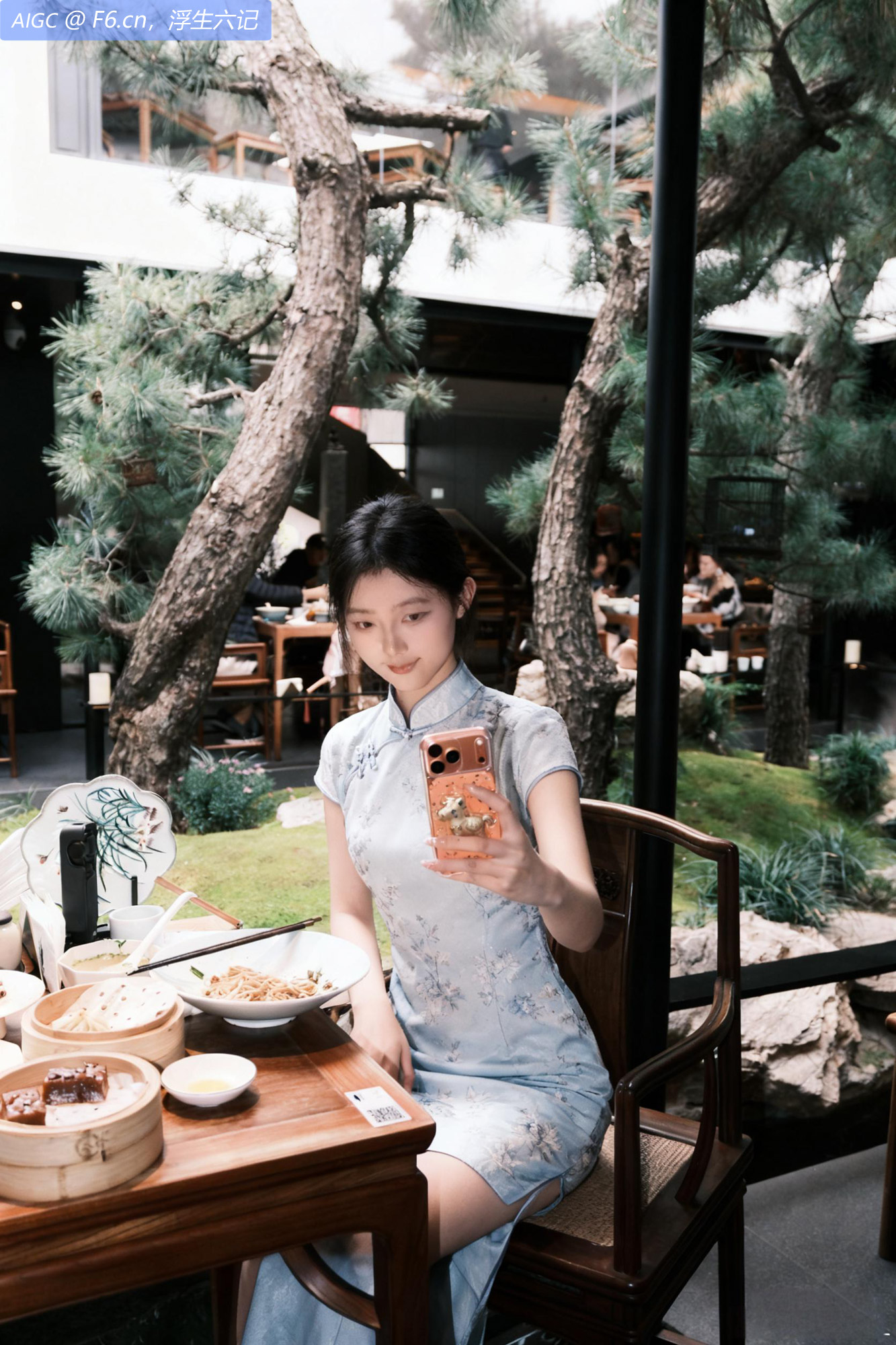 拙政园茶餐厅，苏晚一袭淡蓝花旗袍