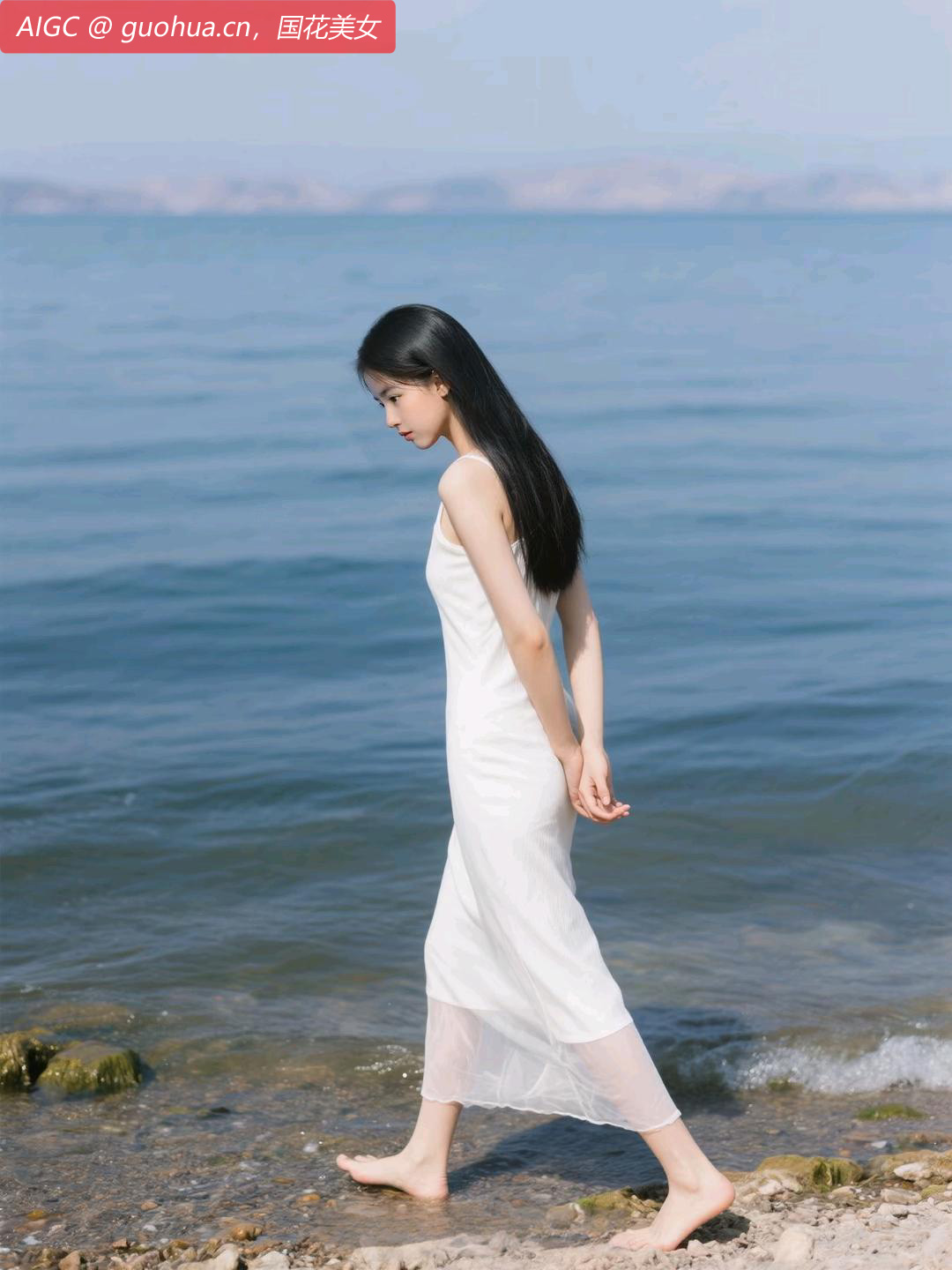 海风轻拂长发，她赤足踏在微凉的浅滩