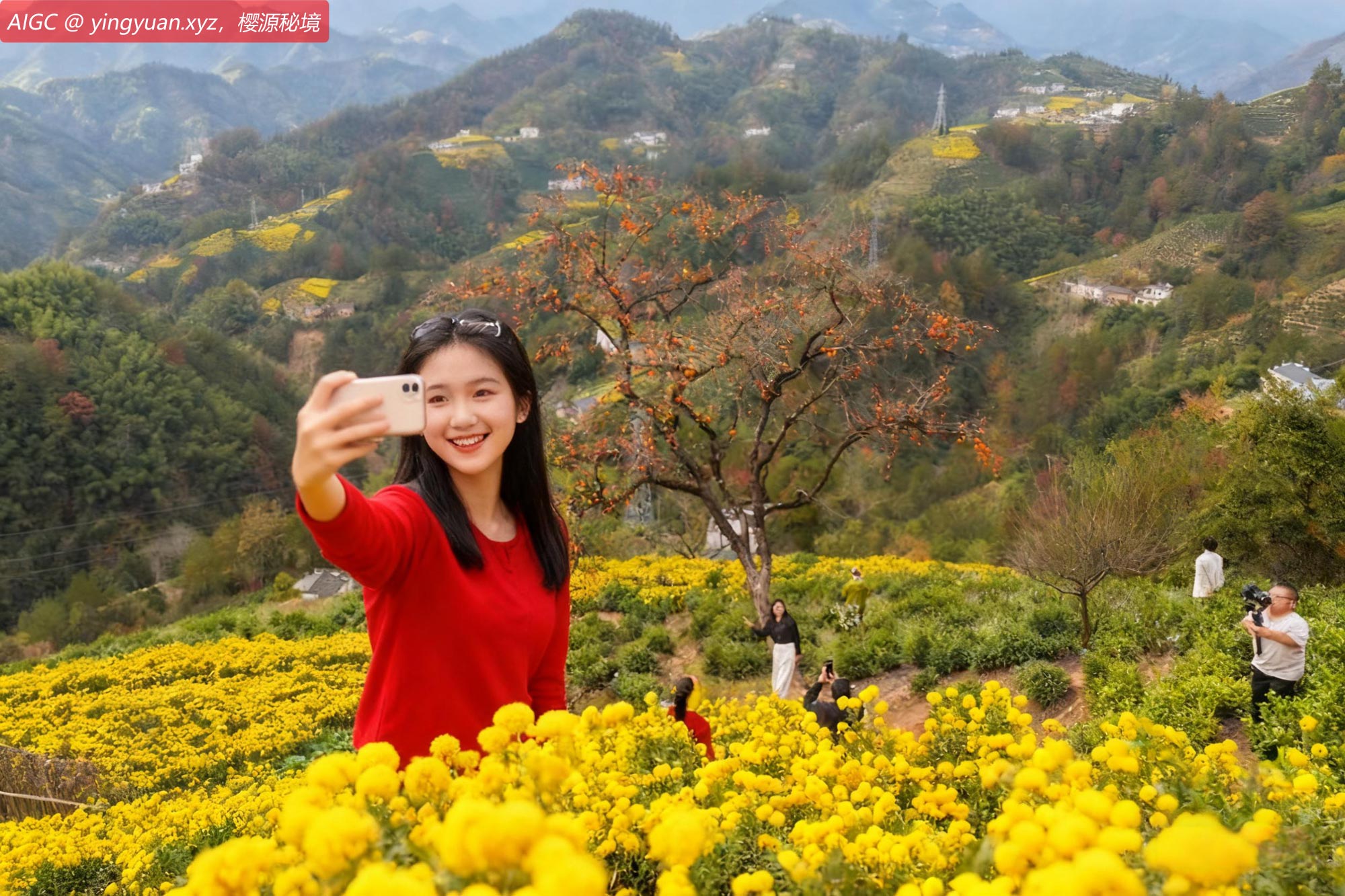 黄山市横心岭上山色斑斓，枝头挂满火红的柿子
