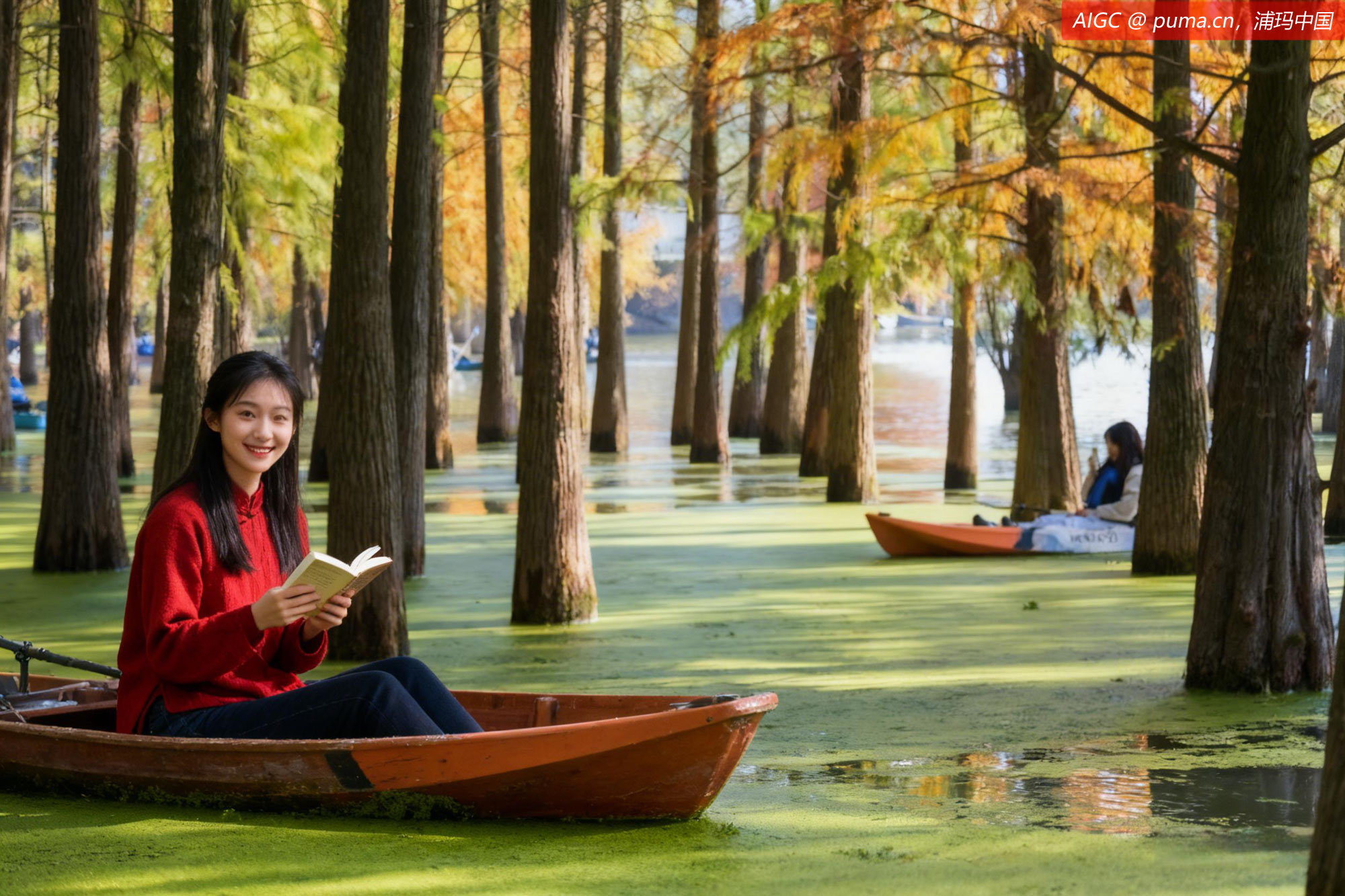 杭州临安青山湖水上森林，一位姑娘正坐在小船上阅读