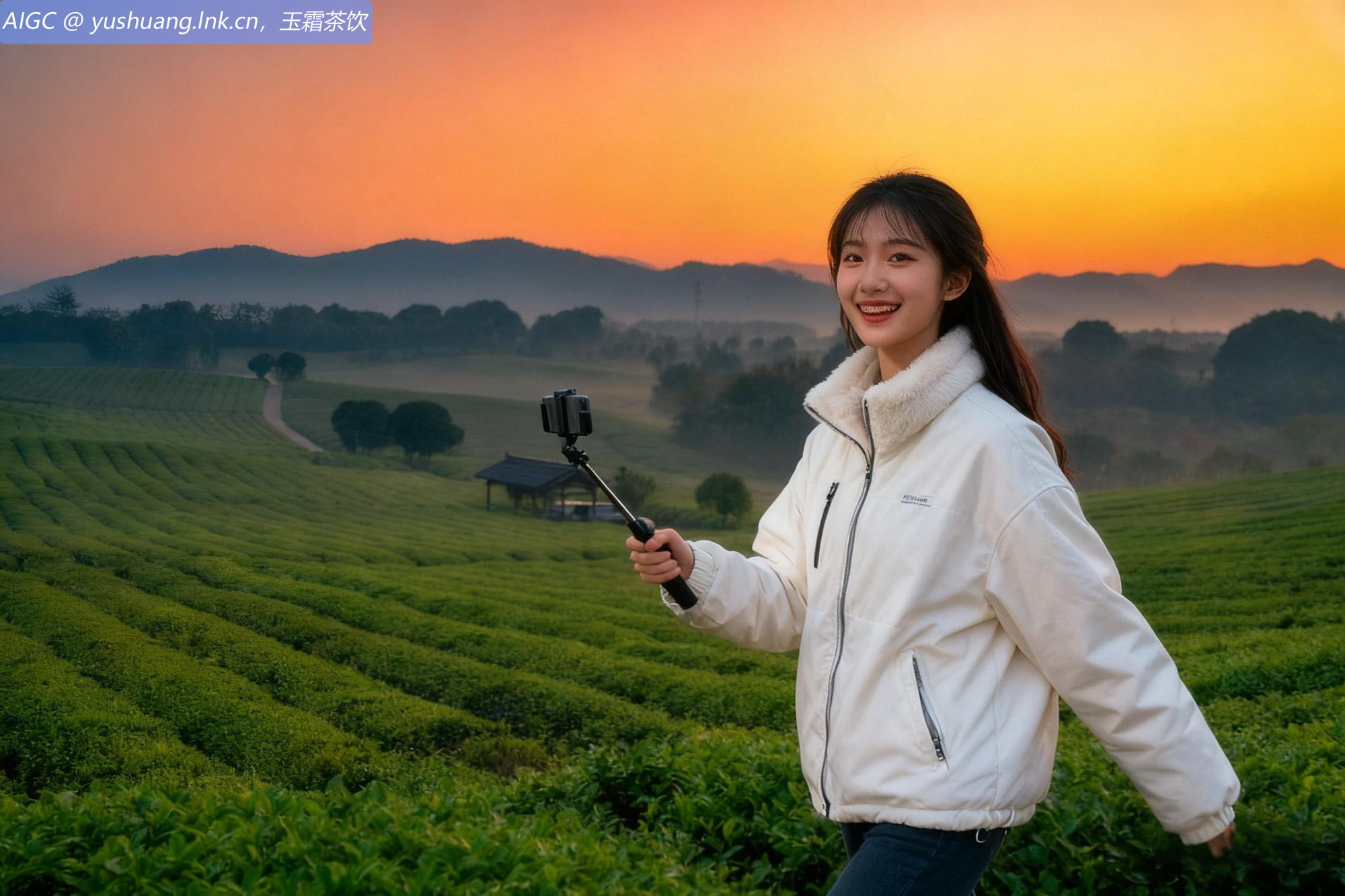 一位网红正在浙江新昌县有机茶园打卡直播
