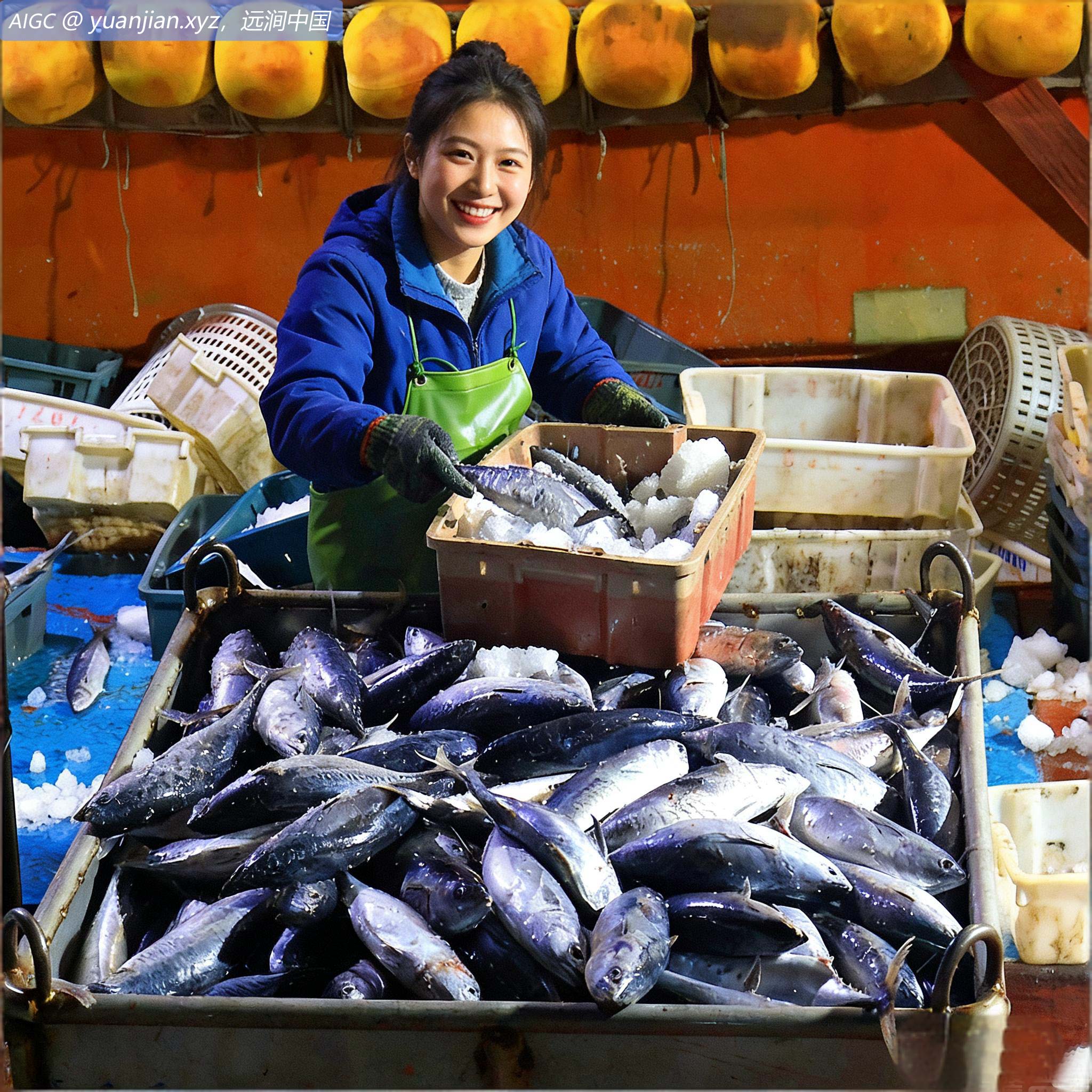 浙江台州大麦屿渔港码头，渔民正忙着卸货、分拣、保鲜运输