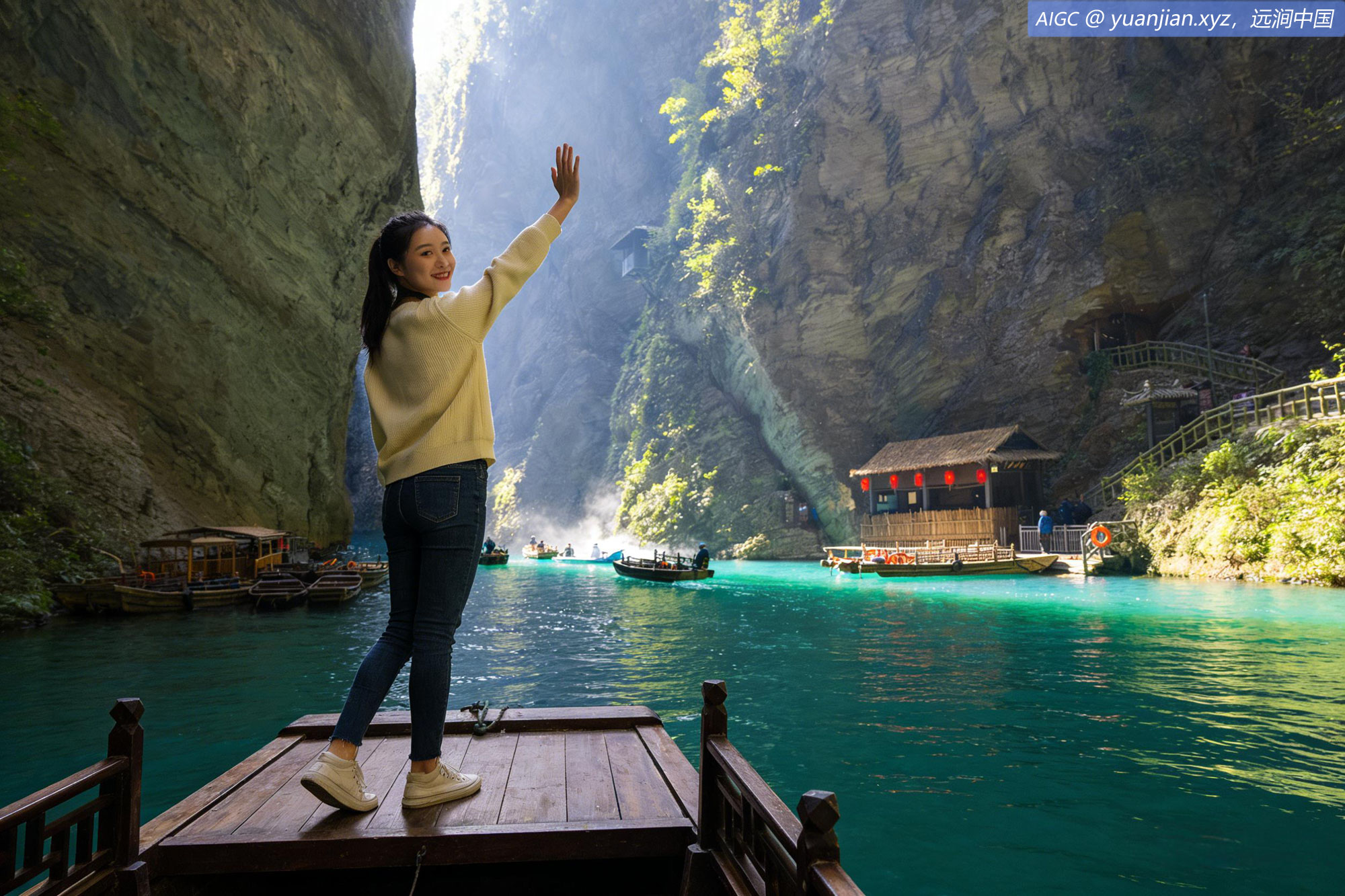 湖北省恩施屏山峡谷景区，阳光穿过峡谷形成“一线天”光带