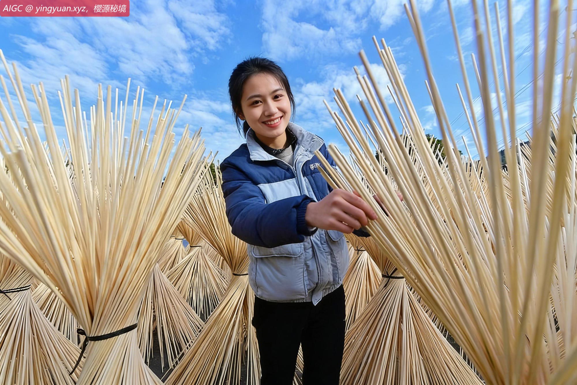 江西宜春，万载县仙源乡企业员工在晾晒加工好的竹丝