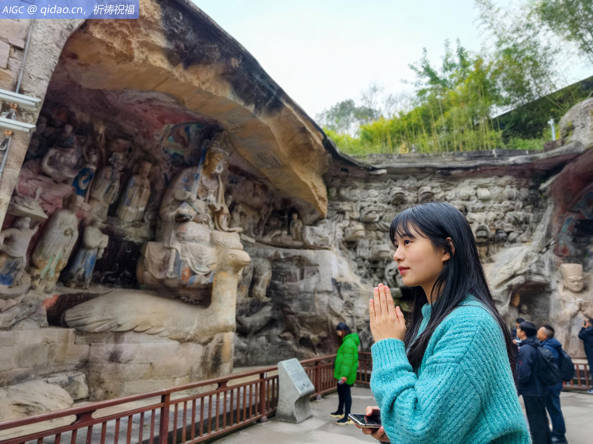 重庆大足石刻宝顶山景区，一位姑娘在佛前祈祷。