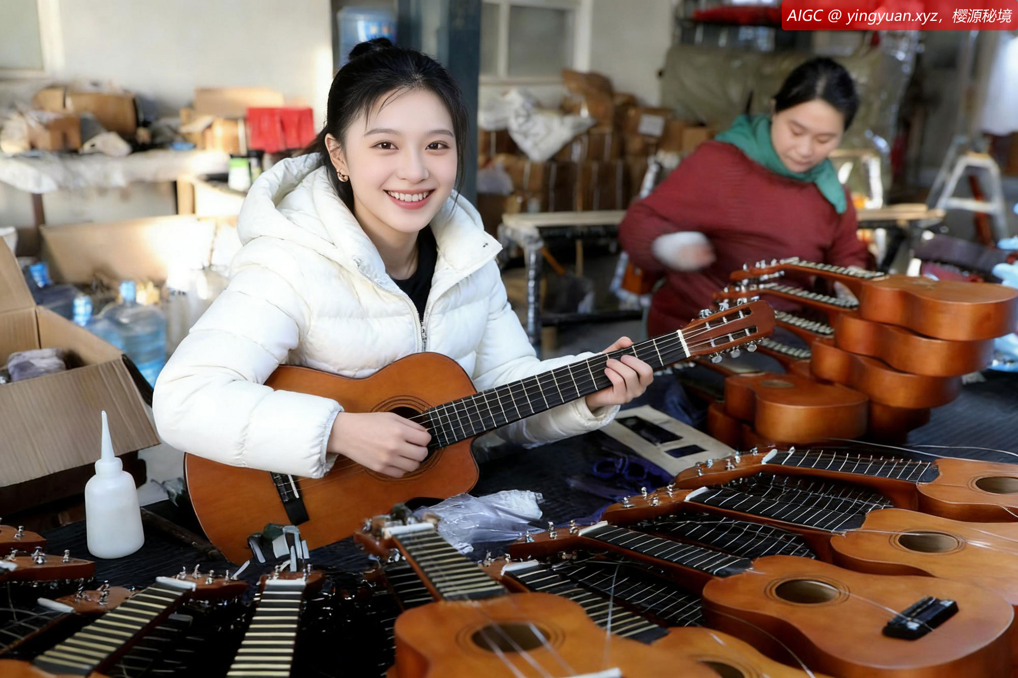 江苏省宿迁市刘寨村乐器厂，工人在生产调试乐器