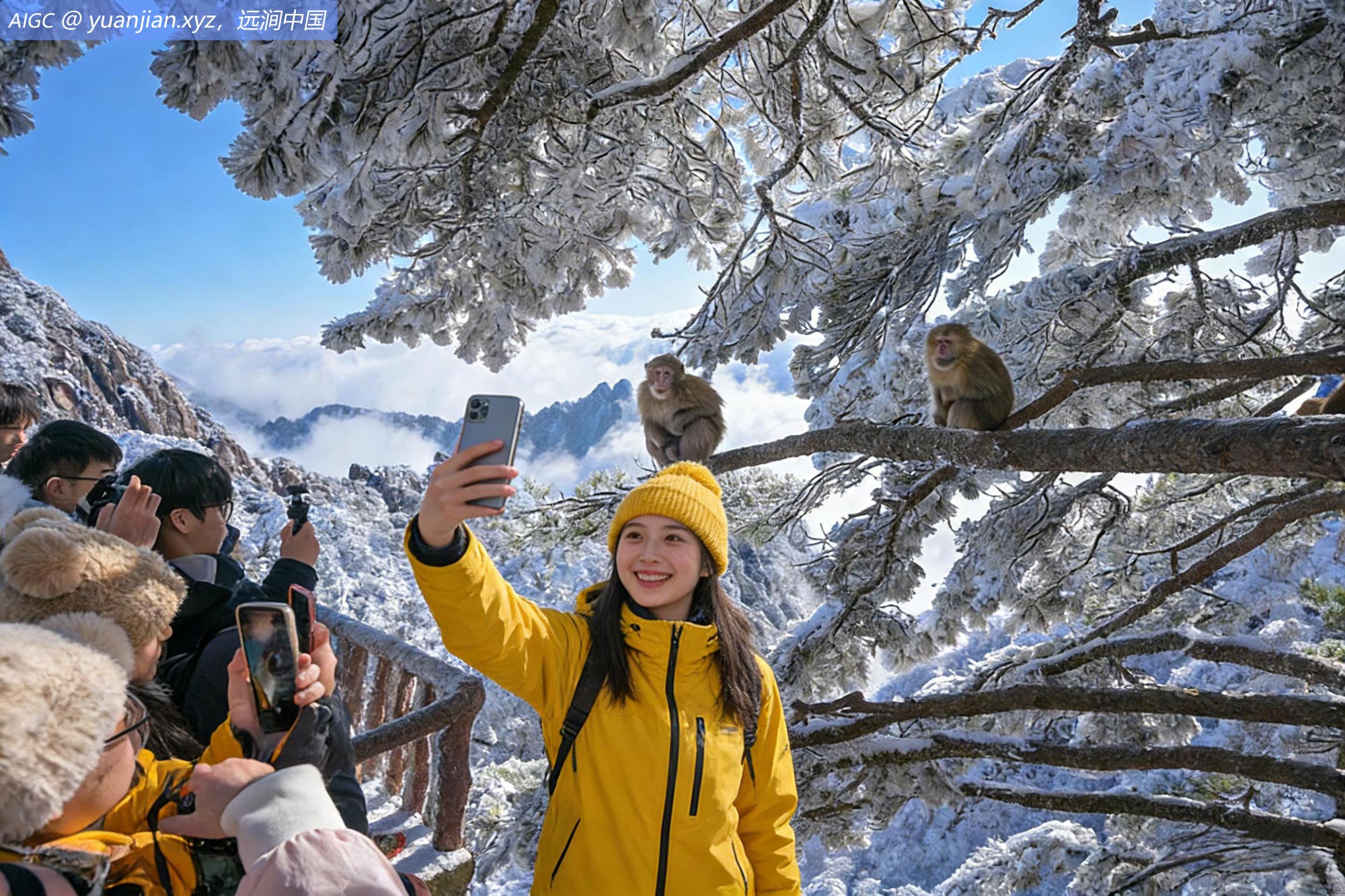 黄山短尾猴沐浴冬日暖阳，觅食休憩，萌态可掬