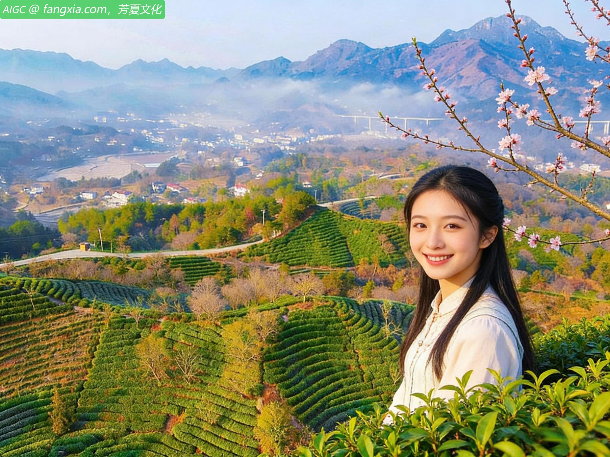 千亩生态茶园层叠蜿蜒，民居、道路、山峦交相辉映