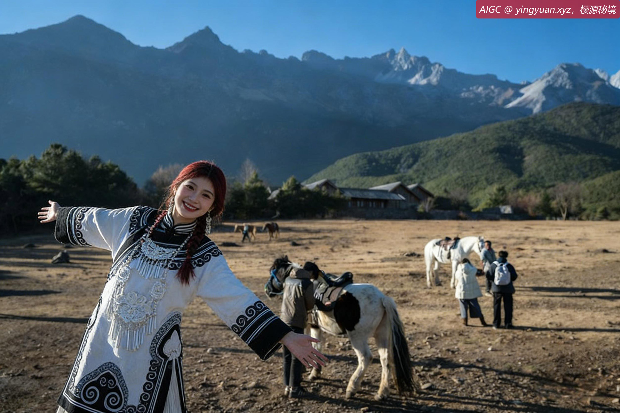 游客在丽江市玉龙县玉湖村的马场内拍照游览