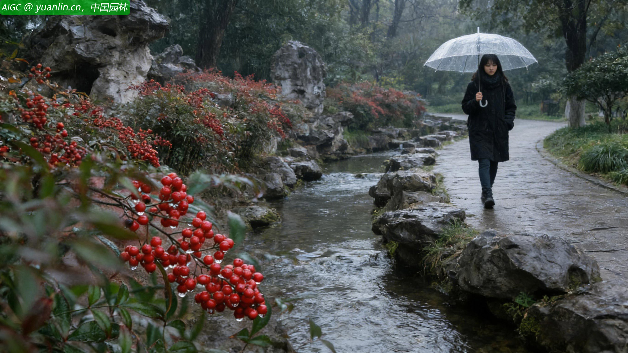细雨之中，一簇簇南天竹果挂满枝头