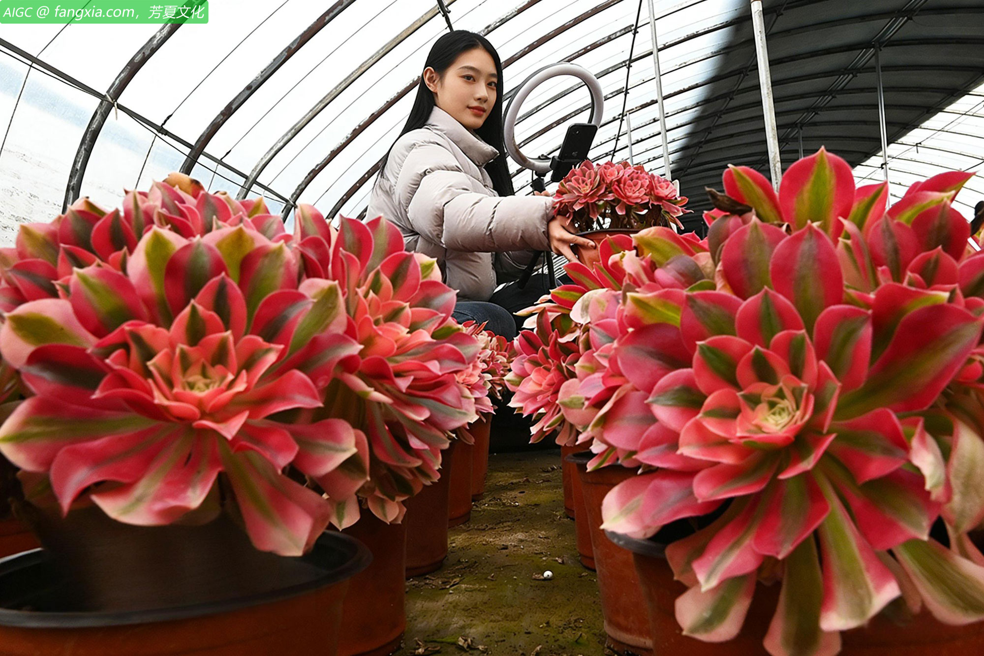 河北邯郸河泉村村民通过网络直播，推介销售多肉植物