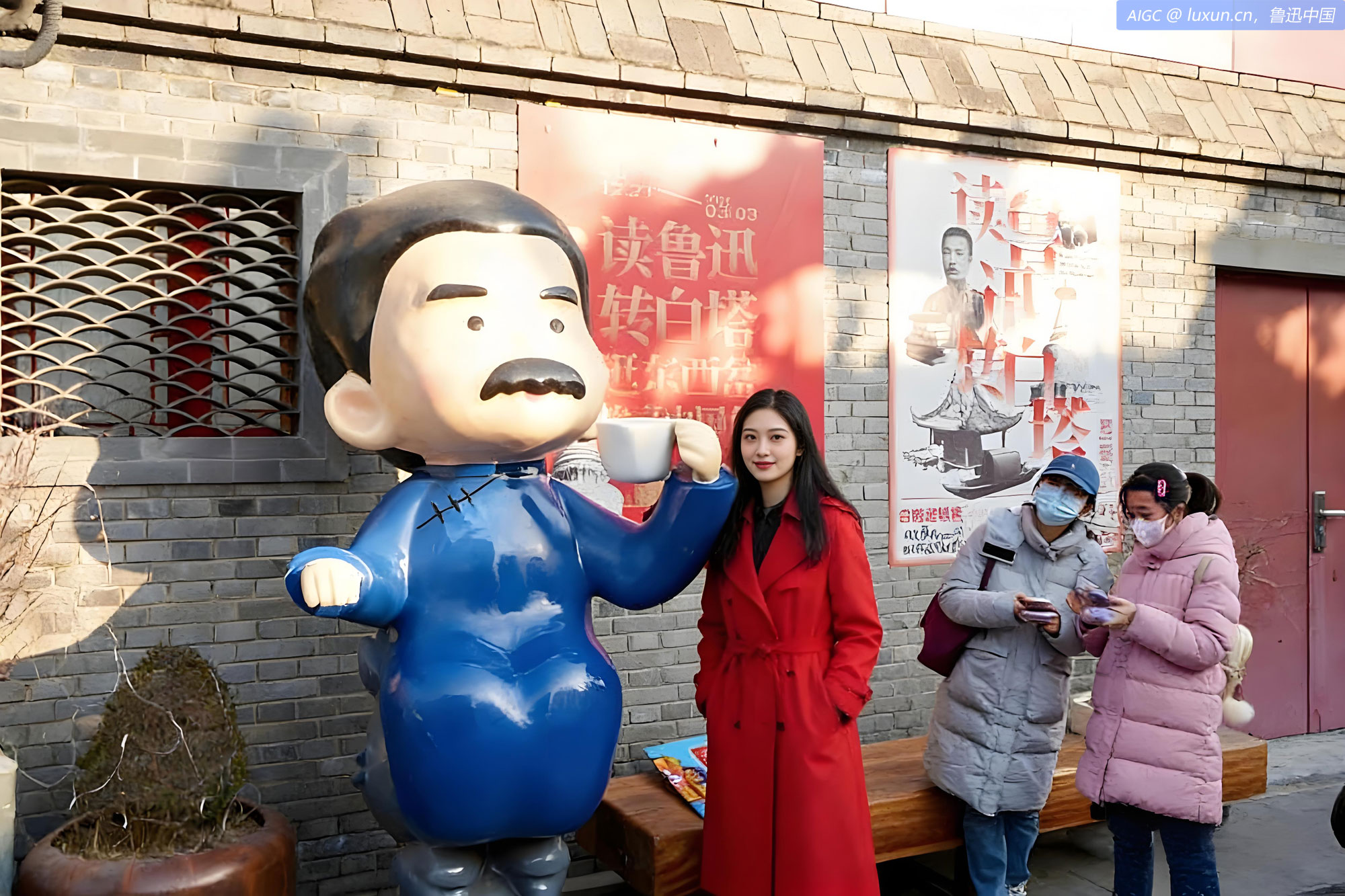 游客在北京白塔寺片区与Q版迅哥合影