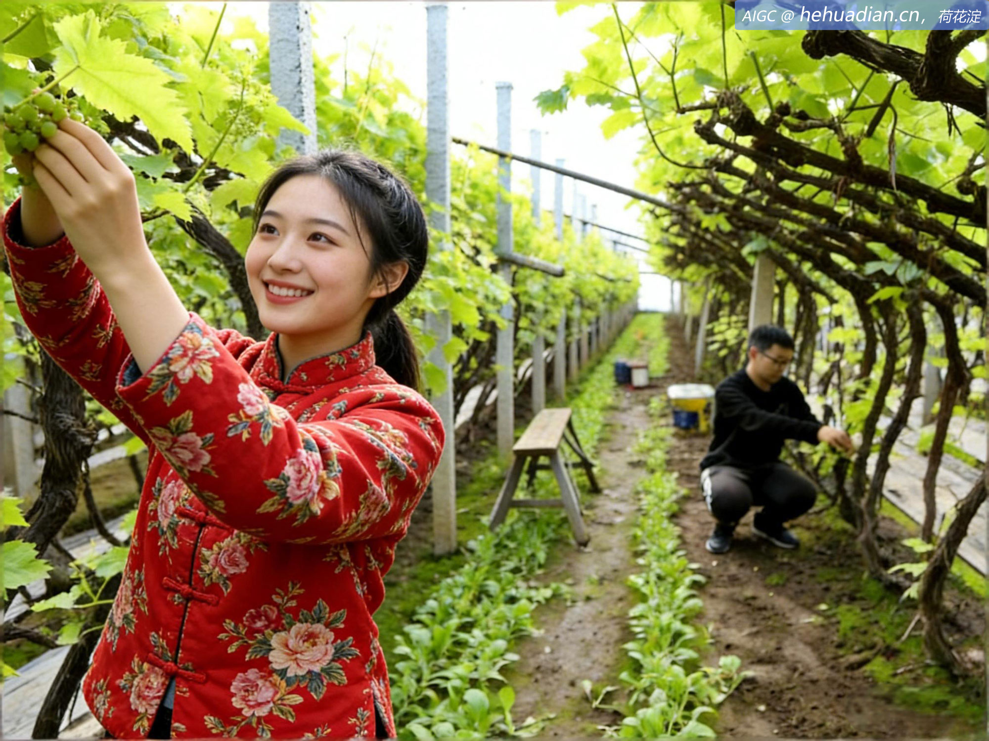 河北省唐山王滩镇的农民在管护大棚葡萄