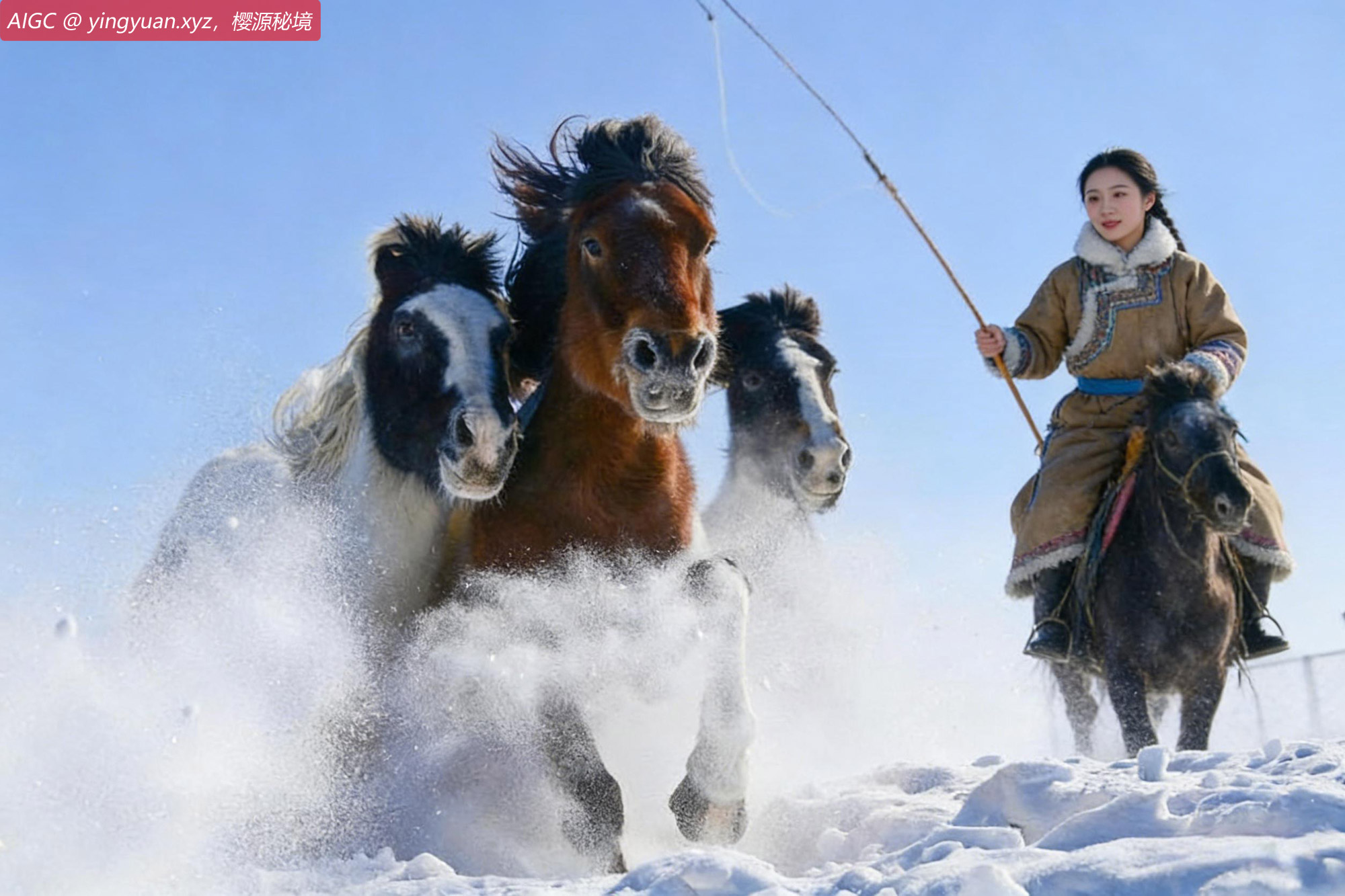 牧民在内蒙古凤凰马场的雪原上驯马