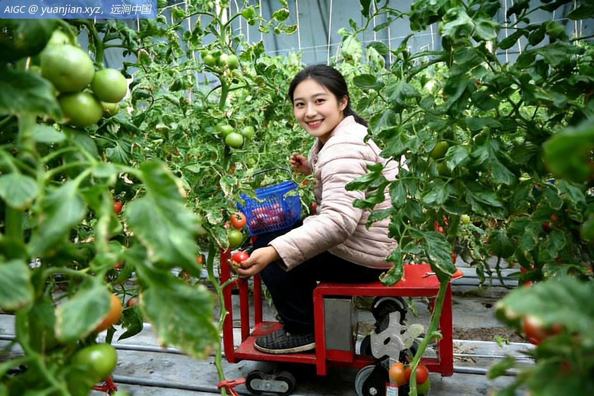 甘肃省敦煌市农业园，村民乘坐智能轨道运输车采摘西红柿