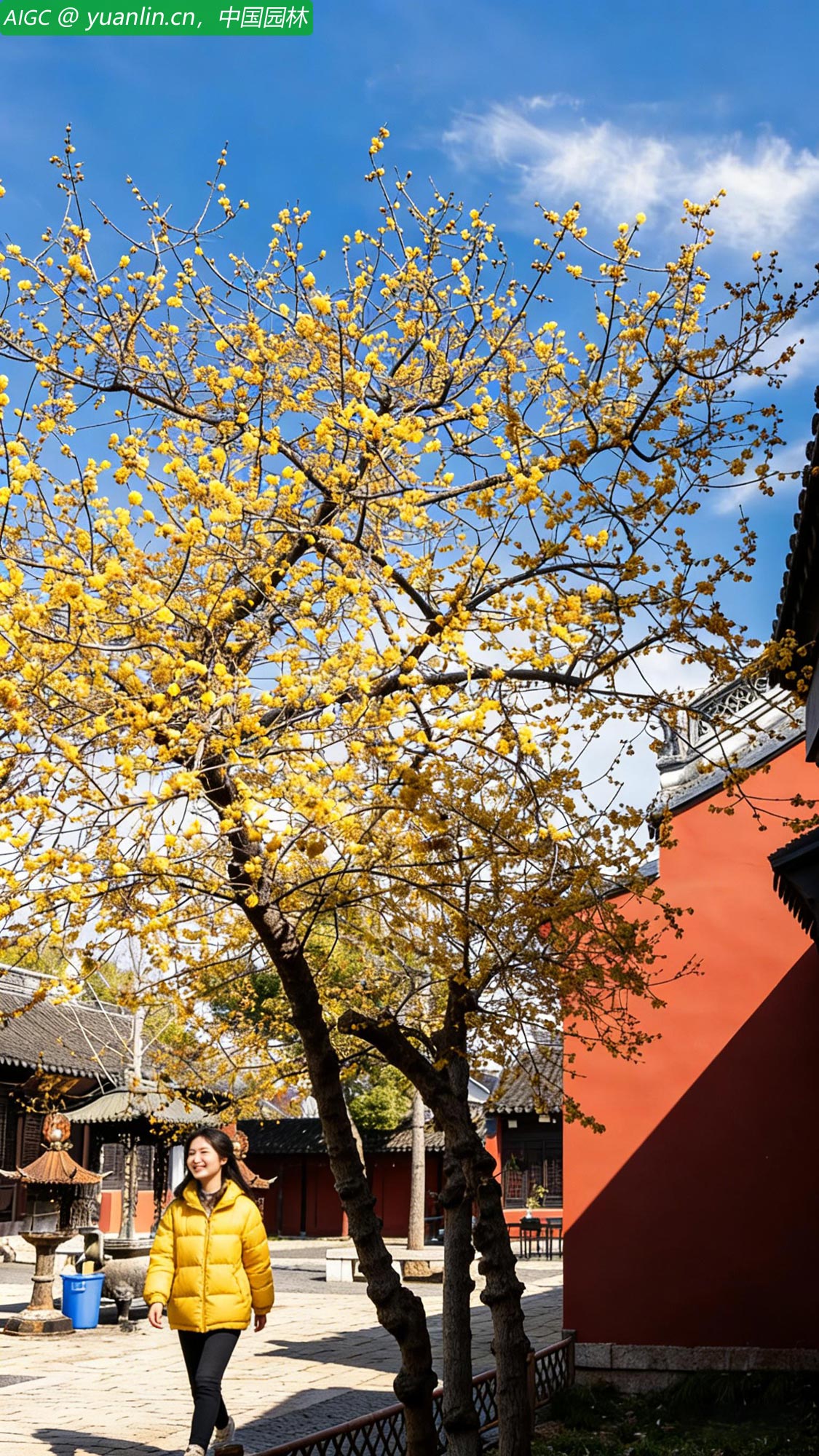 浙江黎里古镇昭灵观，红墙，蜡梅，游客。